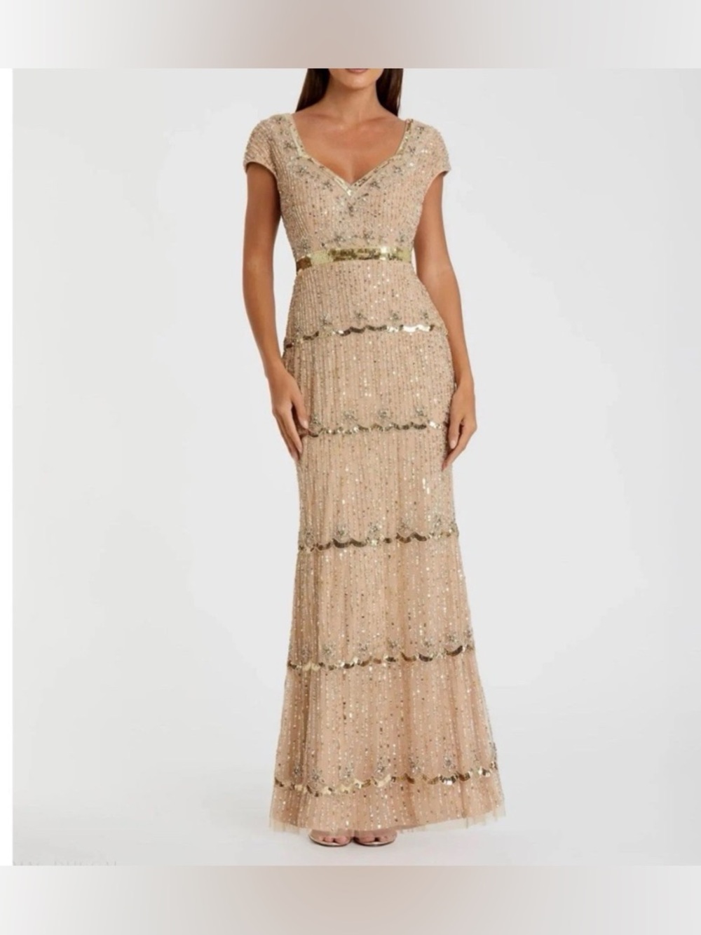 MAC DUGGAL Nude Sequin Cap
Sleeve Sweetheart Column Gown Size 14 New